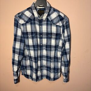 Lucky Brand Plaid Flannel Pearl Snap Shirt Mens M Button-Up White Blue Western